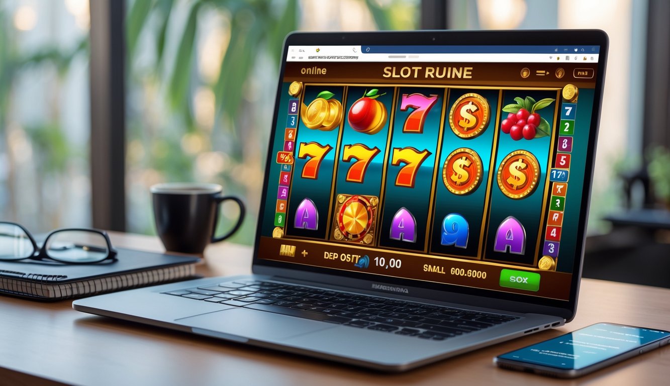 Sebuah laptop menampilkan permainan mesin slot online dengan simbol warna-warni, diletakkan di atas meja kayu dengan ponsel yang menunjukkan aplikasi dompet digital di sampingnya.