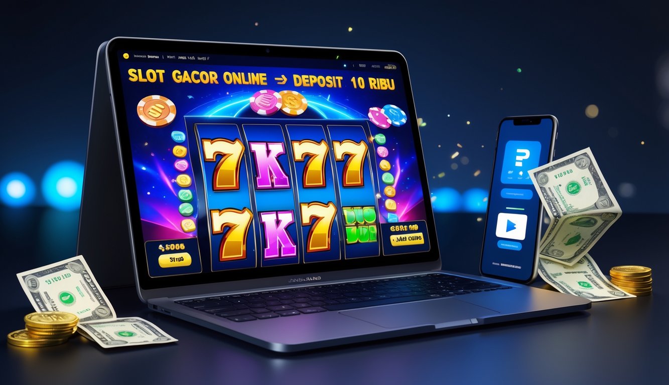 Sebuah laptop menampilkan permainan mesin slot online dengan grafik berwarna-warni dan simbol uang Rupiah di sekitarnya.
