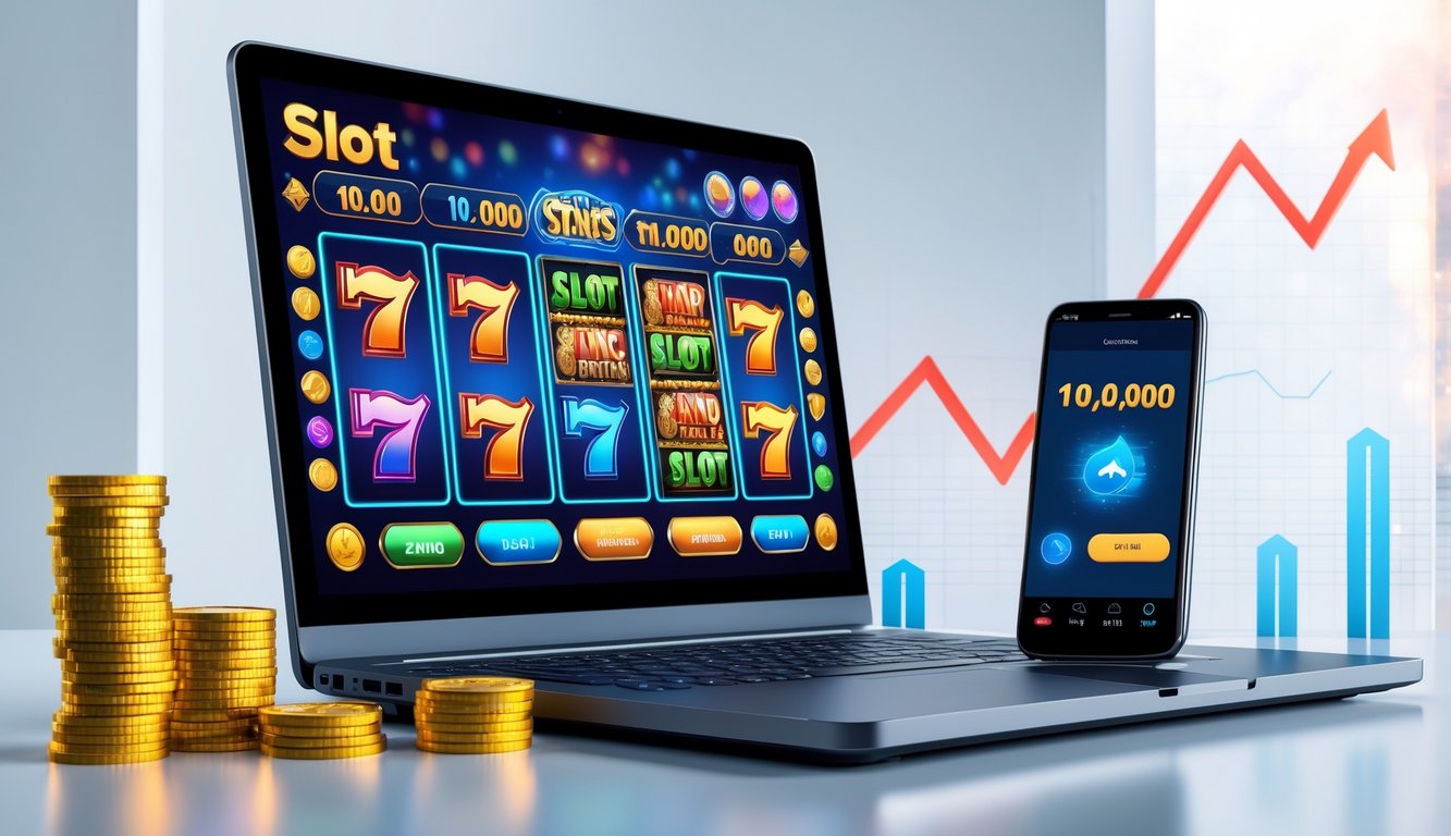 Seseorang menggunakan laptop dengan permainan slot online di layar, di sampingnya terdapat tumpukan uang dan ponsel yang menunjukkan aplikasi pembayaran digital.