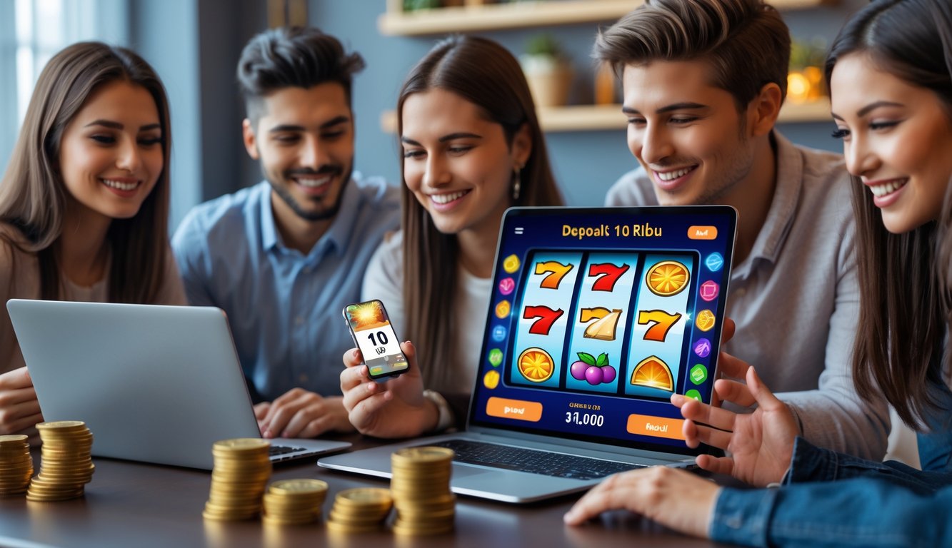 Sekelompok orang muda sedang bermain permainan slot online di laptop dan ponsel dalam ruangan yang nyaman dengan suasana ceria dan penuh semangat.