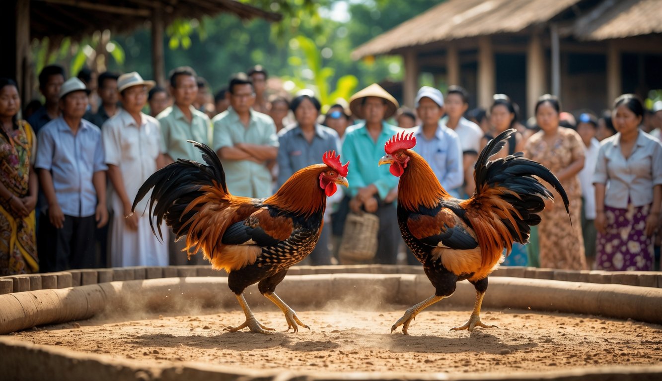 Dua ayam jago sedang bertarung di arena sabung ayam dengan penonton yang memperhatikan di sekelilingnya.