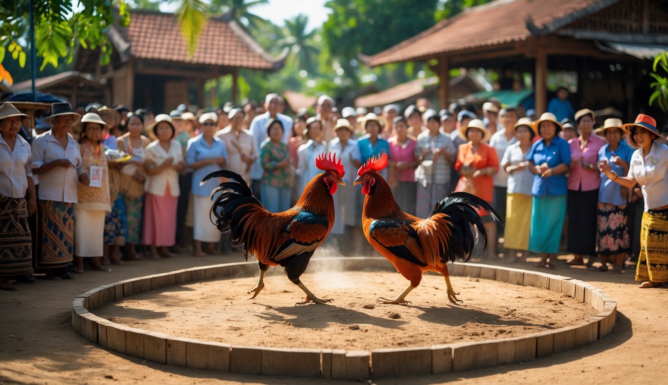 Pertarungan sabung ayam tradisional di luar ruangan dengan penonton yang antusias di sekitar arena.
