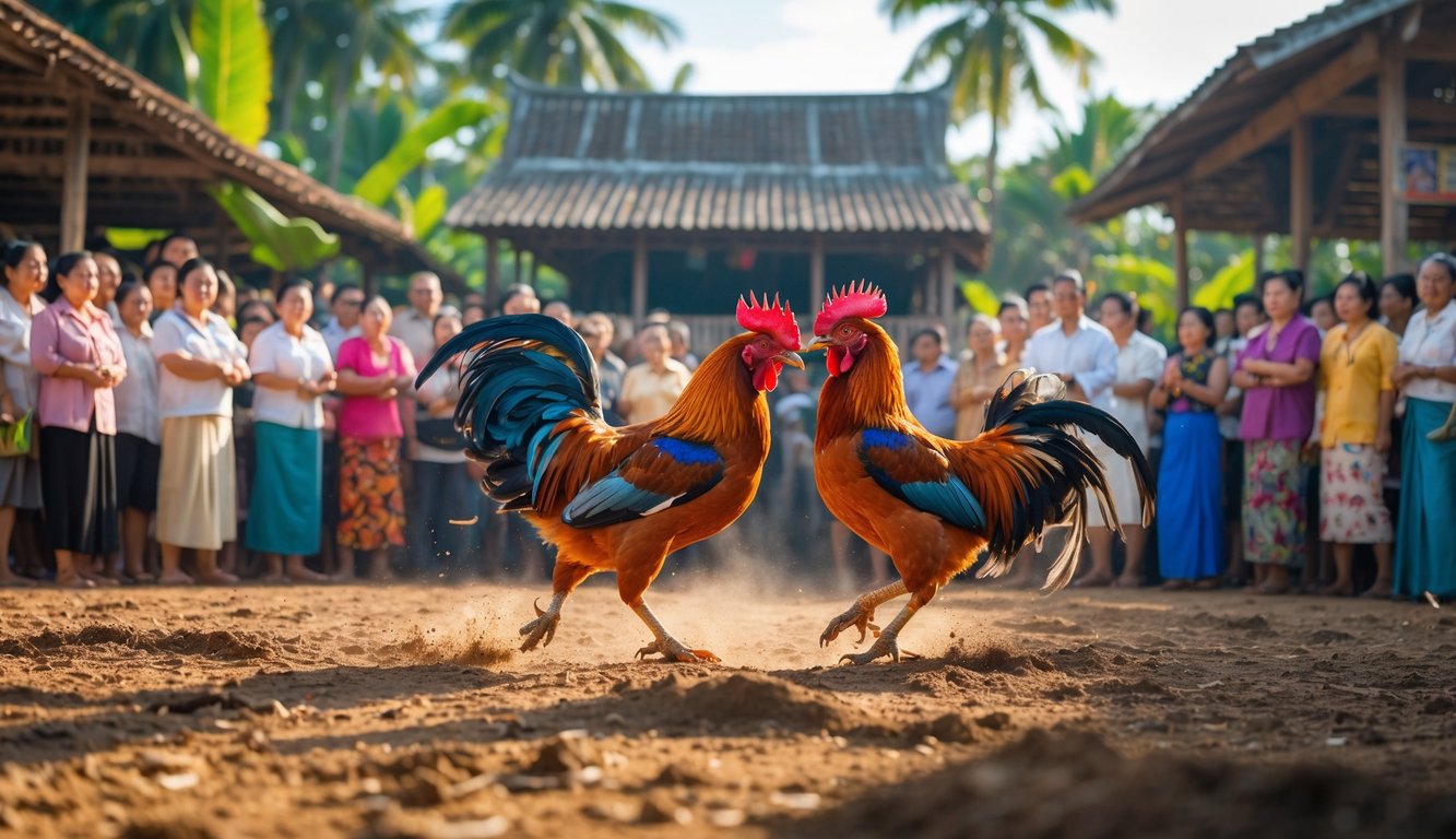 Dua ayam jago sedang bertarung di arena terbuka dengan penonton yang antusias dan latar belakang pepohonan tropis serta bangunan tradisional Kamboja.