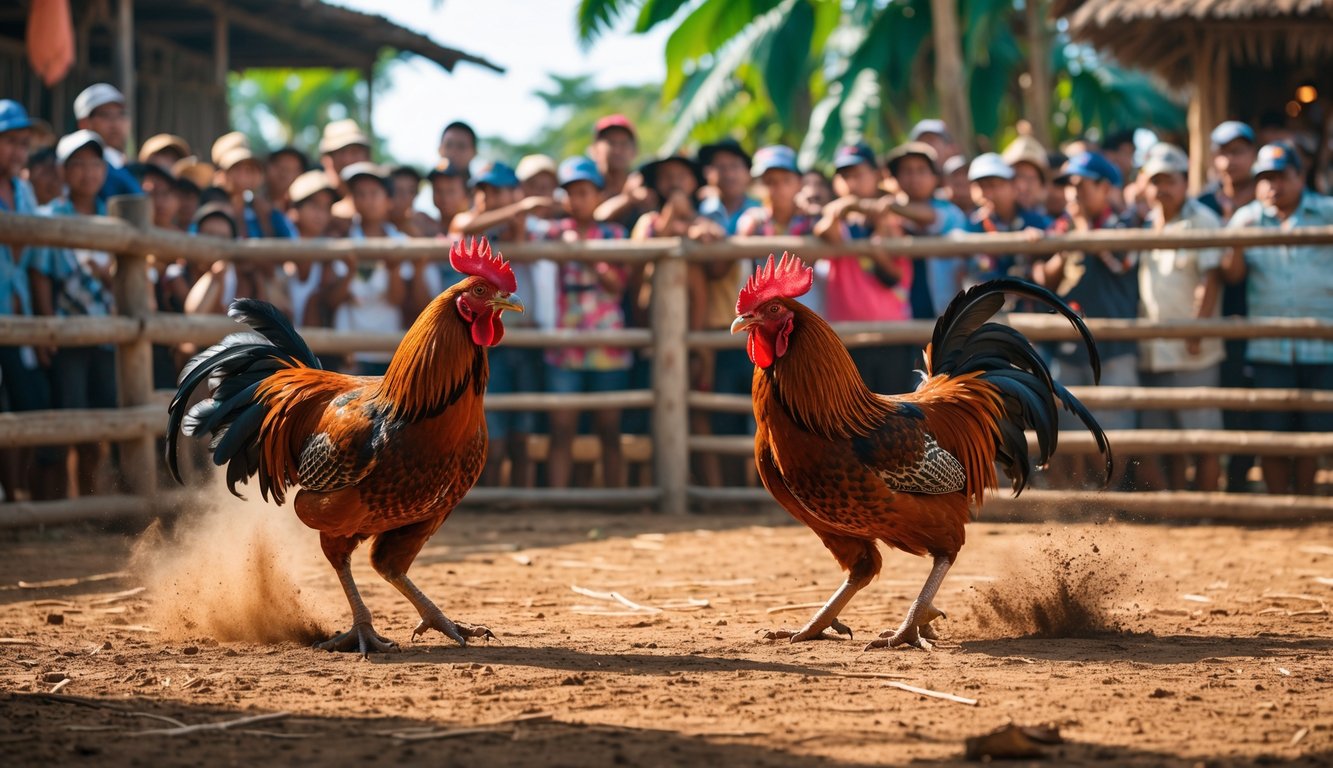 Dua ayam jago sedang bertarung di arena luar ruangan dengan penonton di latar belakang dan tanaman tropis di sekitarnya.
