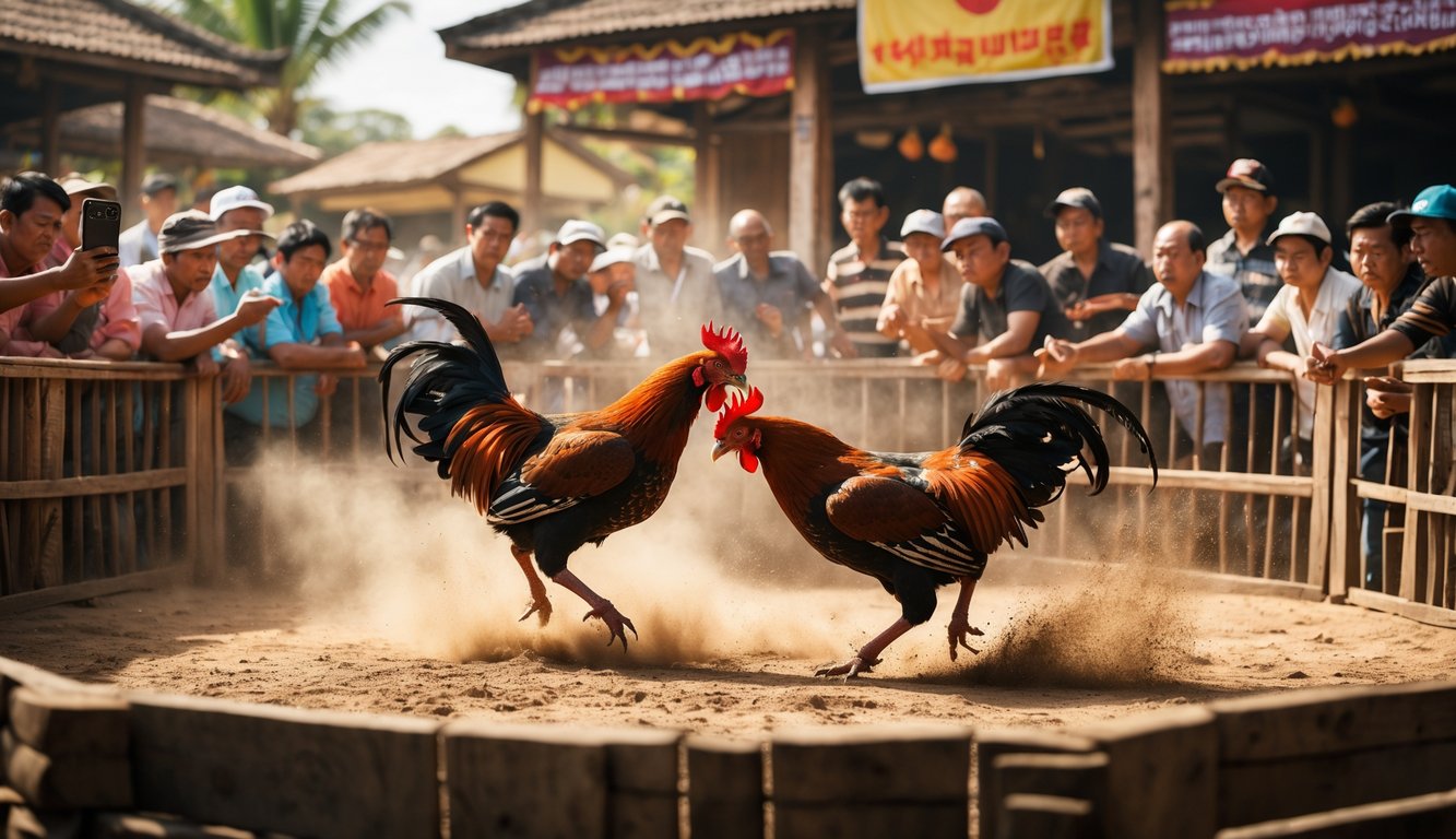 Suasana pertandingan sabung ayam tradisional di Kamboja dengan dua ayam jago bertarung dan penonton yang fokus menyaksikan dan memasang taruhan.