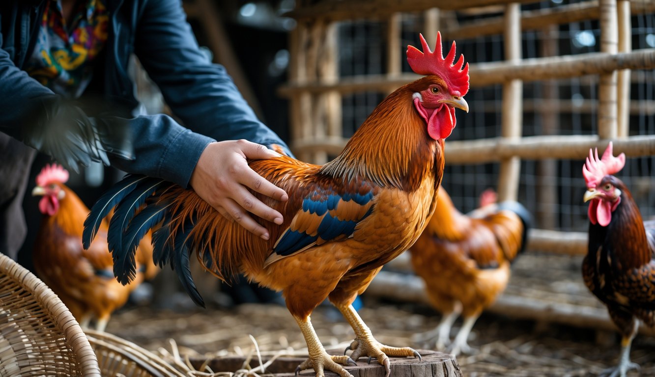 Seorang pria memegang ayam Bangkok yang sehat dan kuat di lingkungan tradisional dengan sangkar dan keranjang di latar belakang.