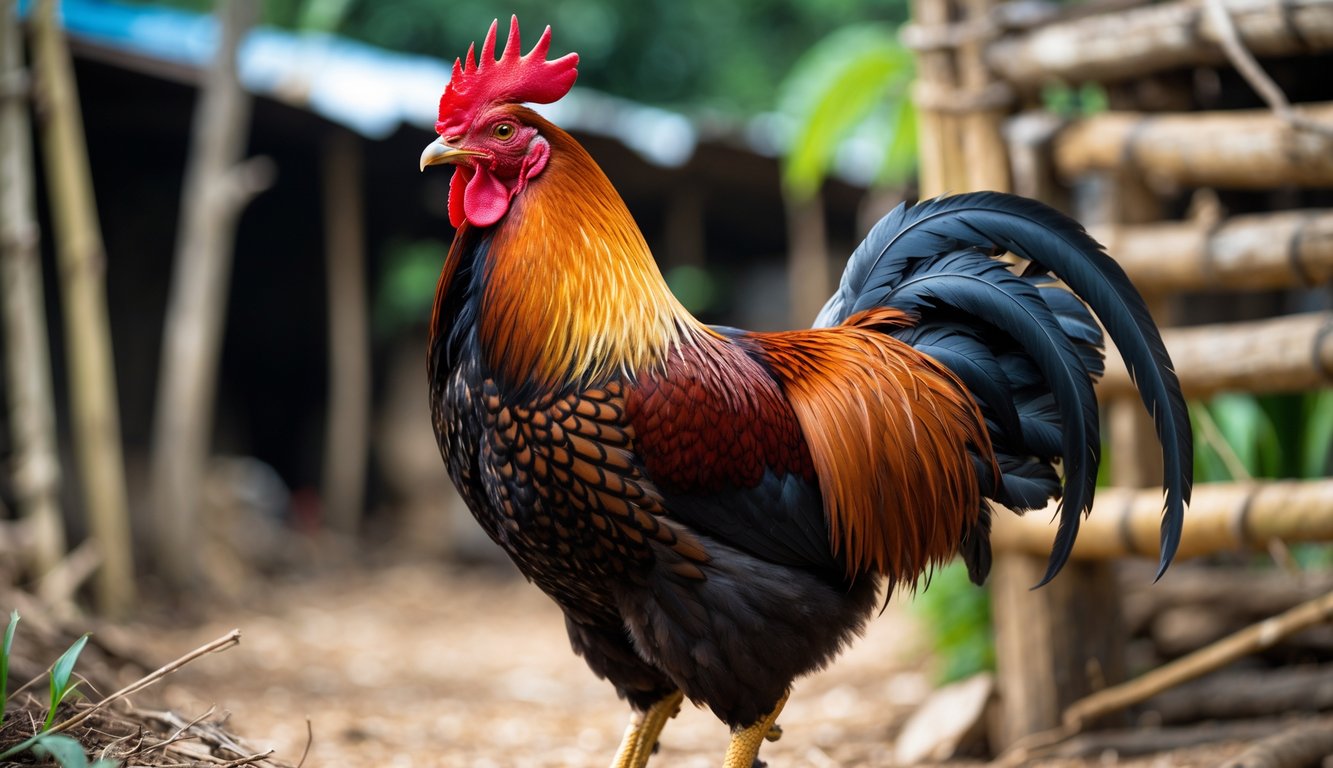 Seekor ayam Bangkok yang kuat dan sehat berdiri di lingkungan pedesaan dengan latar belakang tanaman hijau dan pagar bambu.