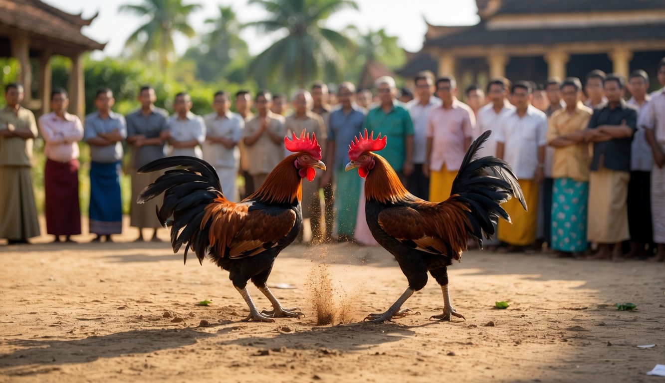 Dua ayam jantan bertarung di luar ruangan dengan sekelompok pria Cambodia mengamati di latar belakang.