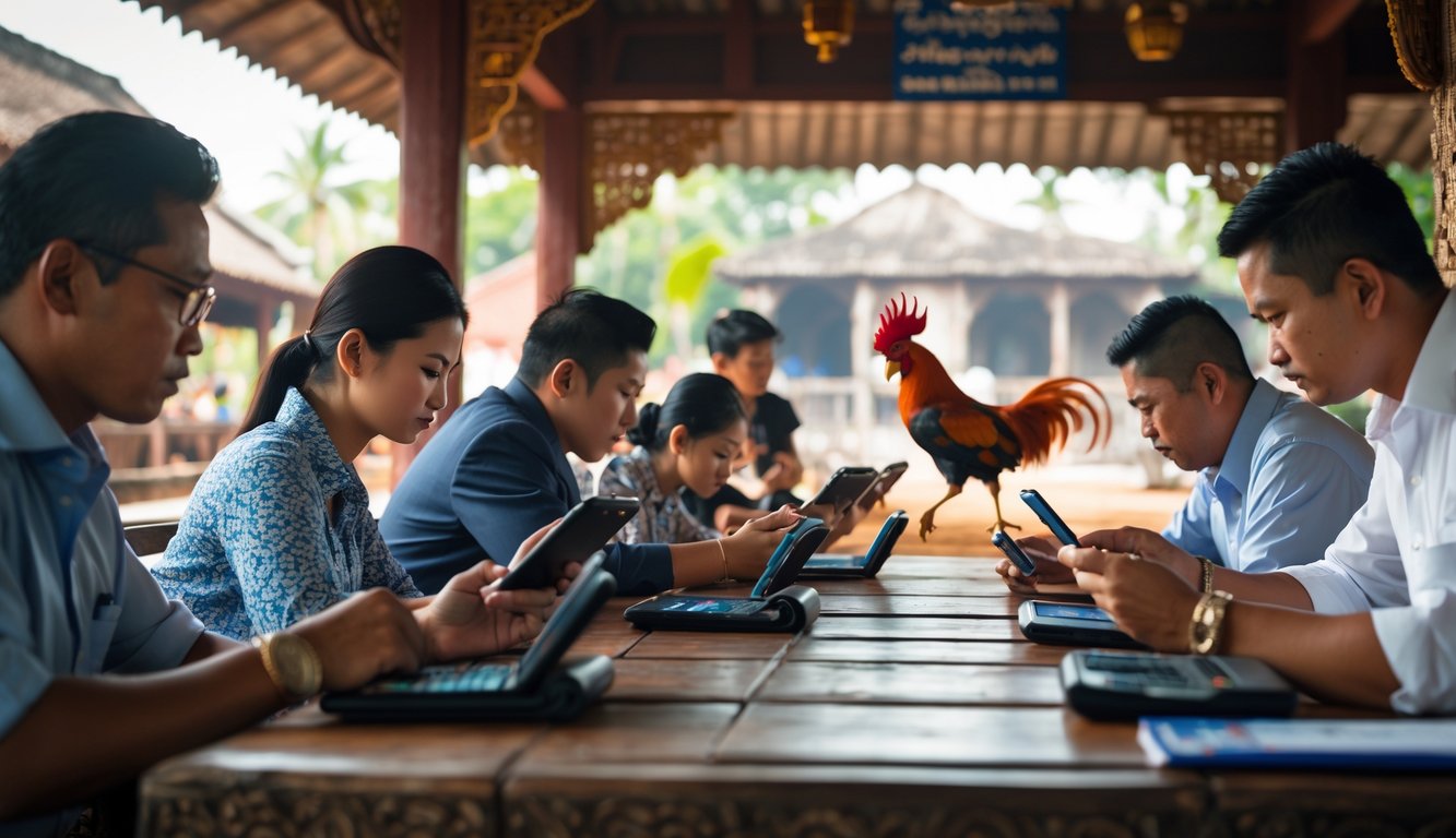 Sekelompok orang sedang memasang taruhan sabung ayam di arena tradisional di Kamboja dengan dua ayam jago bertarung di latar belakang.