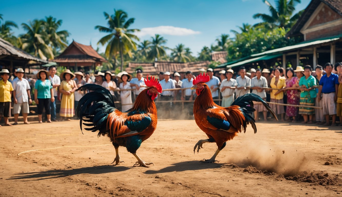 Pertandingan sabung ayam tradisional di luar ruangan dengan dua ayam jago bertarung dan penonton yang menyaksikan di sekitar arena.