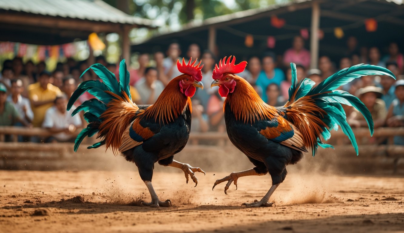 Pertandingan sabung ayam tradisional di Kamboja dengan dua ayam jago sedang beraksi di arena terbuka dan penonton yang antusias di latar belakang.