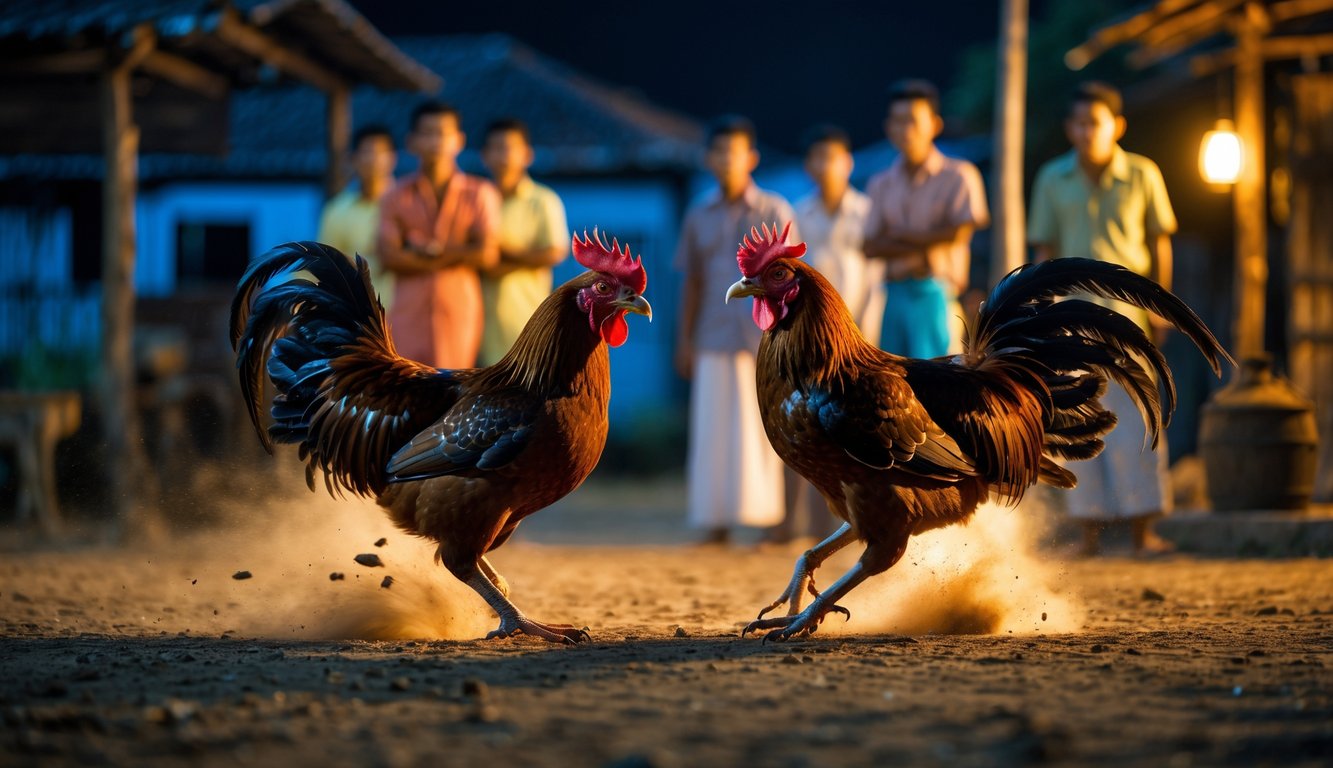 Dua ayam jago sedang bertarung di malam hari dengan beberapa pria menonton dengan serius di latar belakang desa tradisional Kamboja.