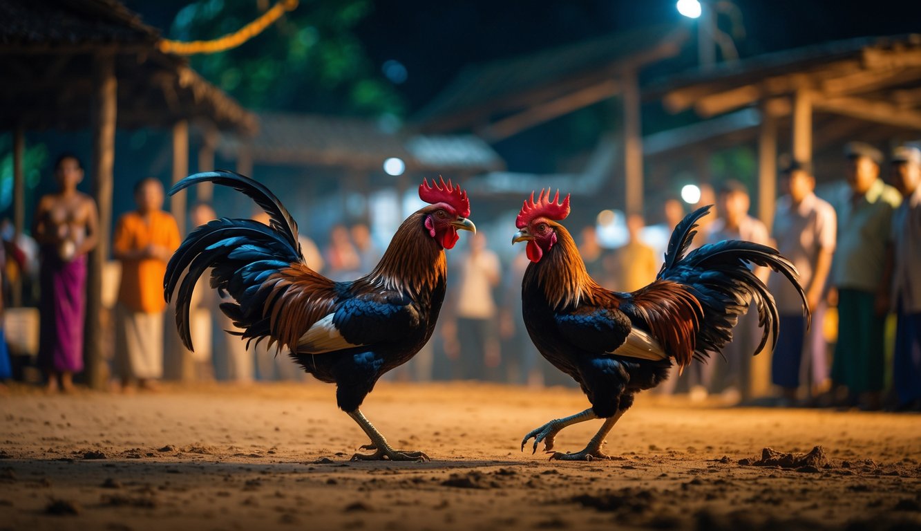 Dua ayam jago sedang bertarung di arena sabung ayam malam hari dengan penonton di latar belakang.