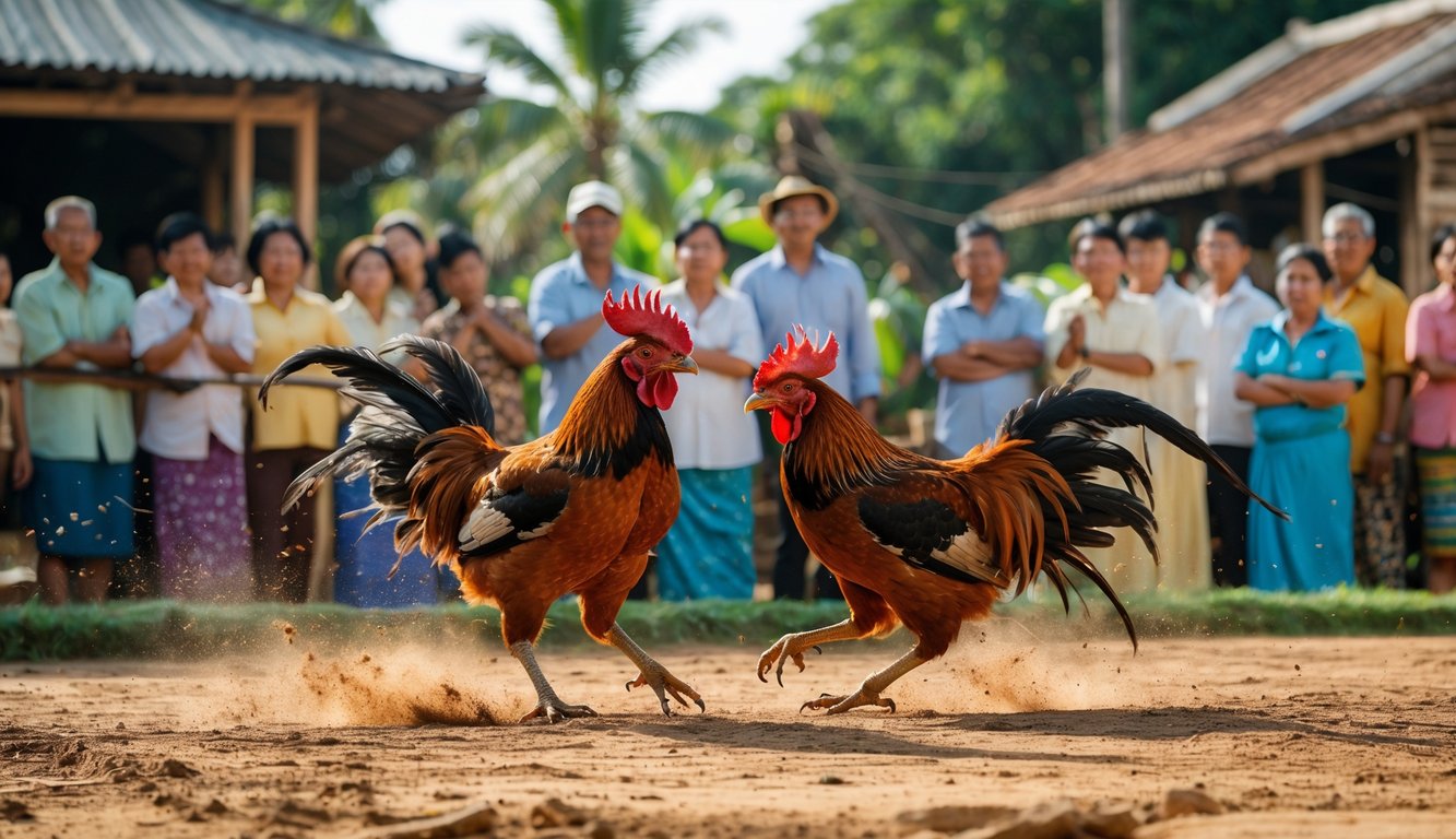 Dua ayam aduan sedang bertarung di luar ruangan dengan sekelompok orang menonton di latar belakang.