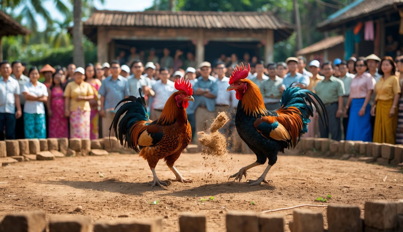 Kerumunan orang menonton dua ayam jago bertarung di arena terbuka di tengah suasana tradisional Cambodia.