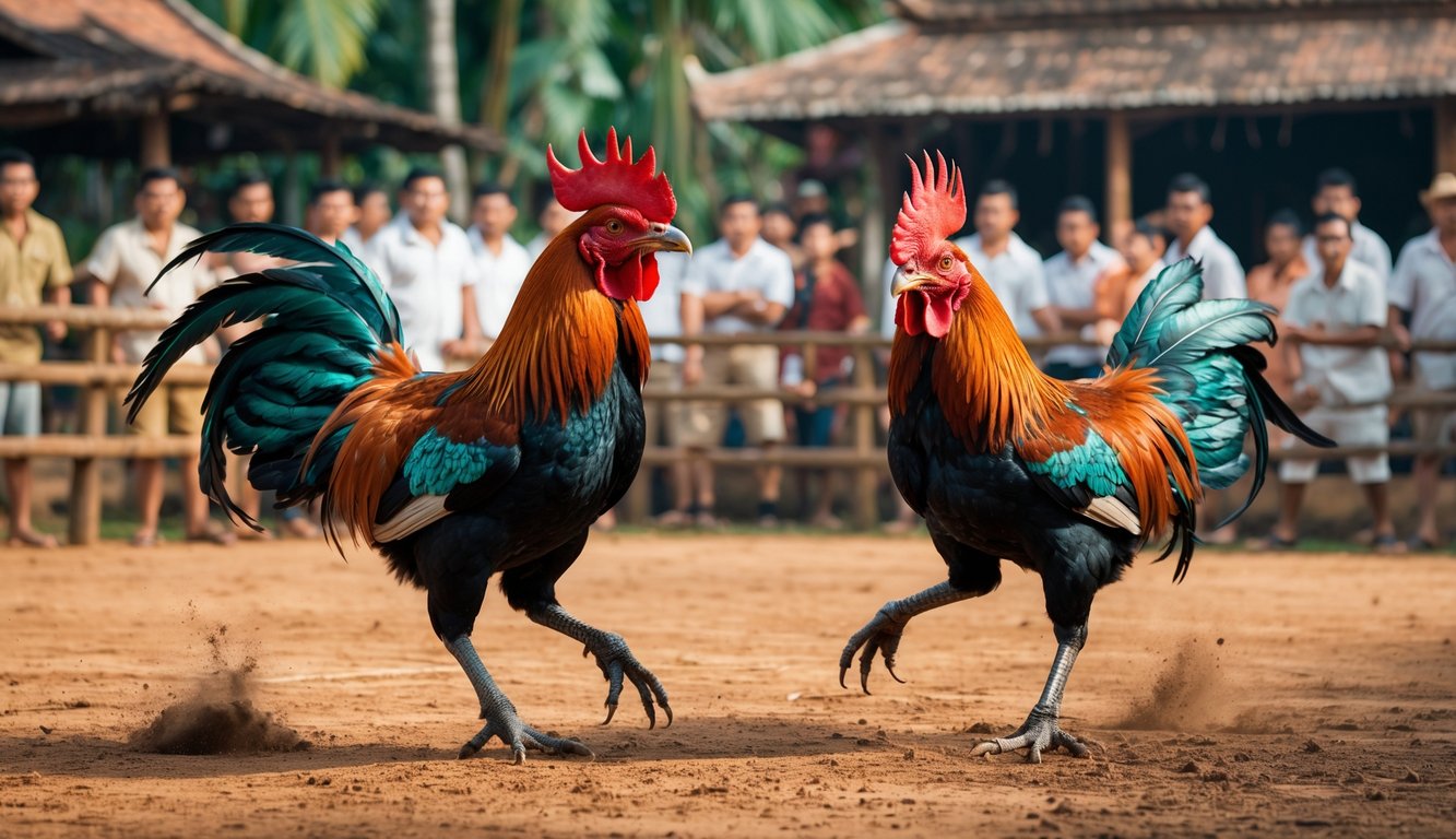 Dua ayam Bangkok sedang bertarung di arena terbuka dengan penonton di sekitarnya.