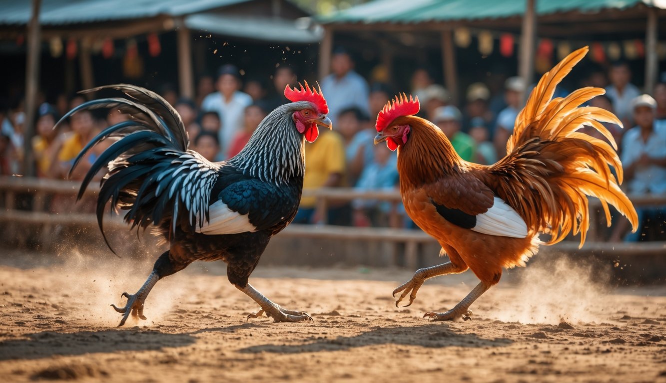 Dua ayam Bangkok sedang bertarung dalam arena sabung ayam dengan penonton di latar belakang.