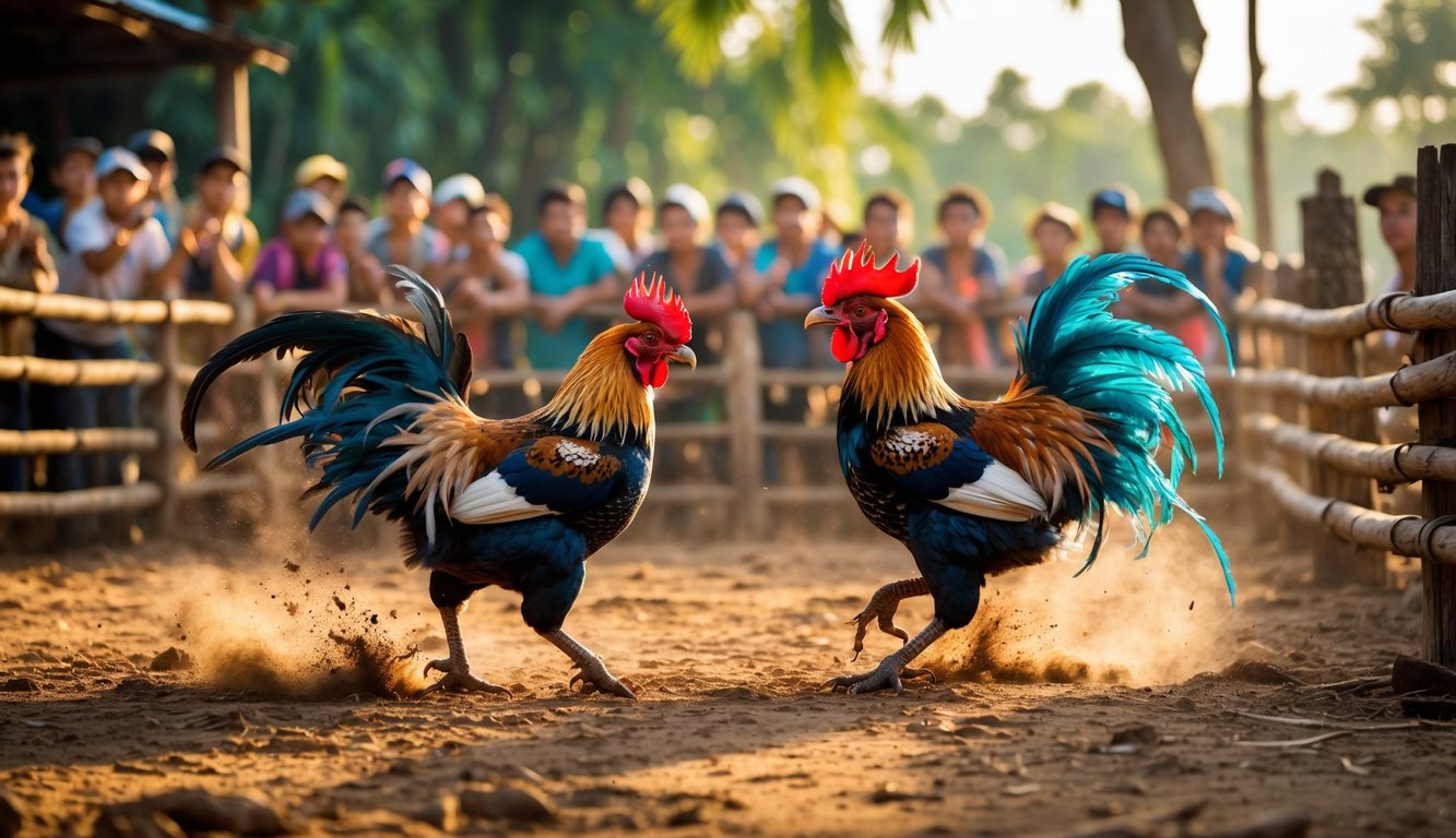 Pertandingan sabung ayam yang intens dengan dua ayam jago bertarung di depan penonton di lingkungan pedesaan di Kamboja.