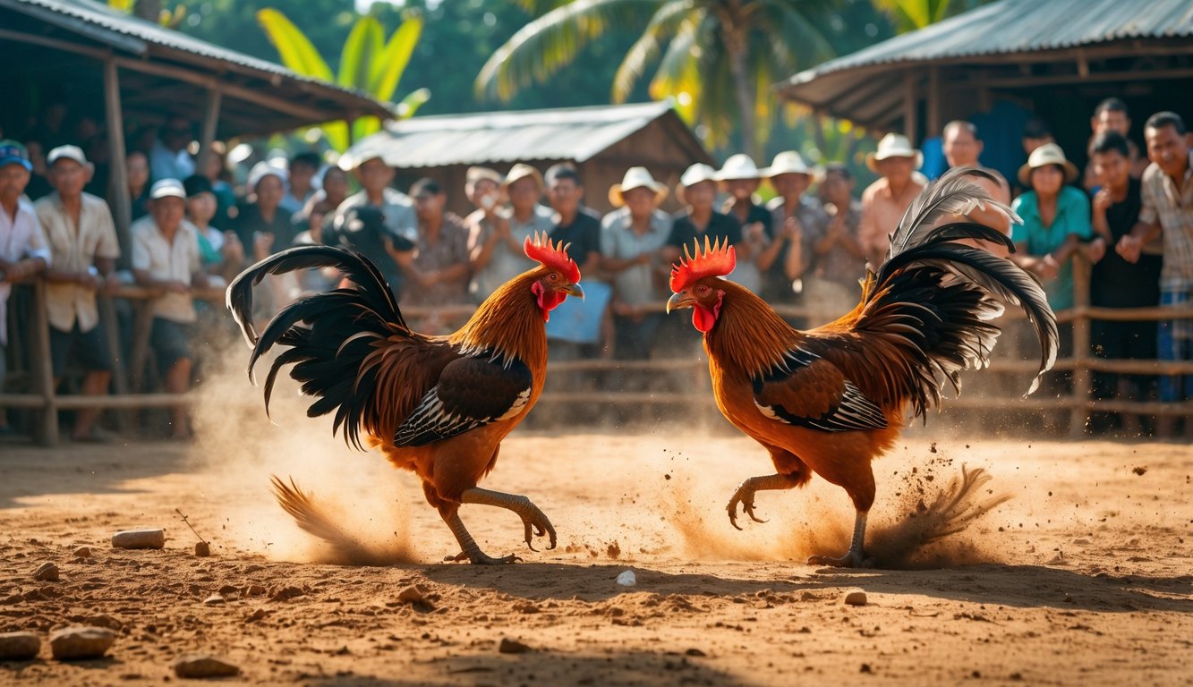 Dua ayam jago sedang bertarung di arena terbuka dengan penonton yang antusias di latar belakang di sebuah desa di Kamboja.