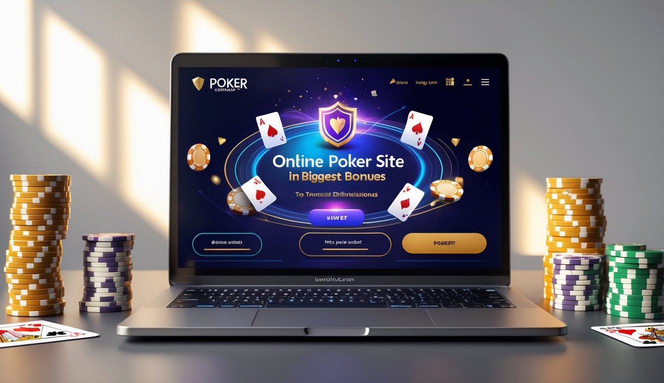 Seseorang bermain poker online di depan laptop dengan chip dan kartu di layar, suasana yang profesional dan terpercaya.
