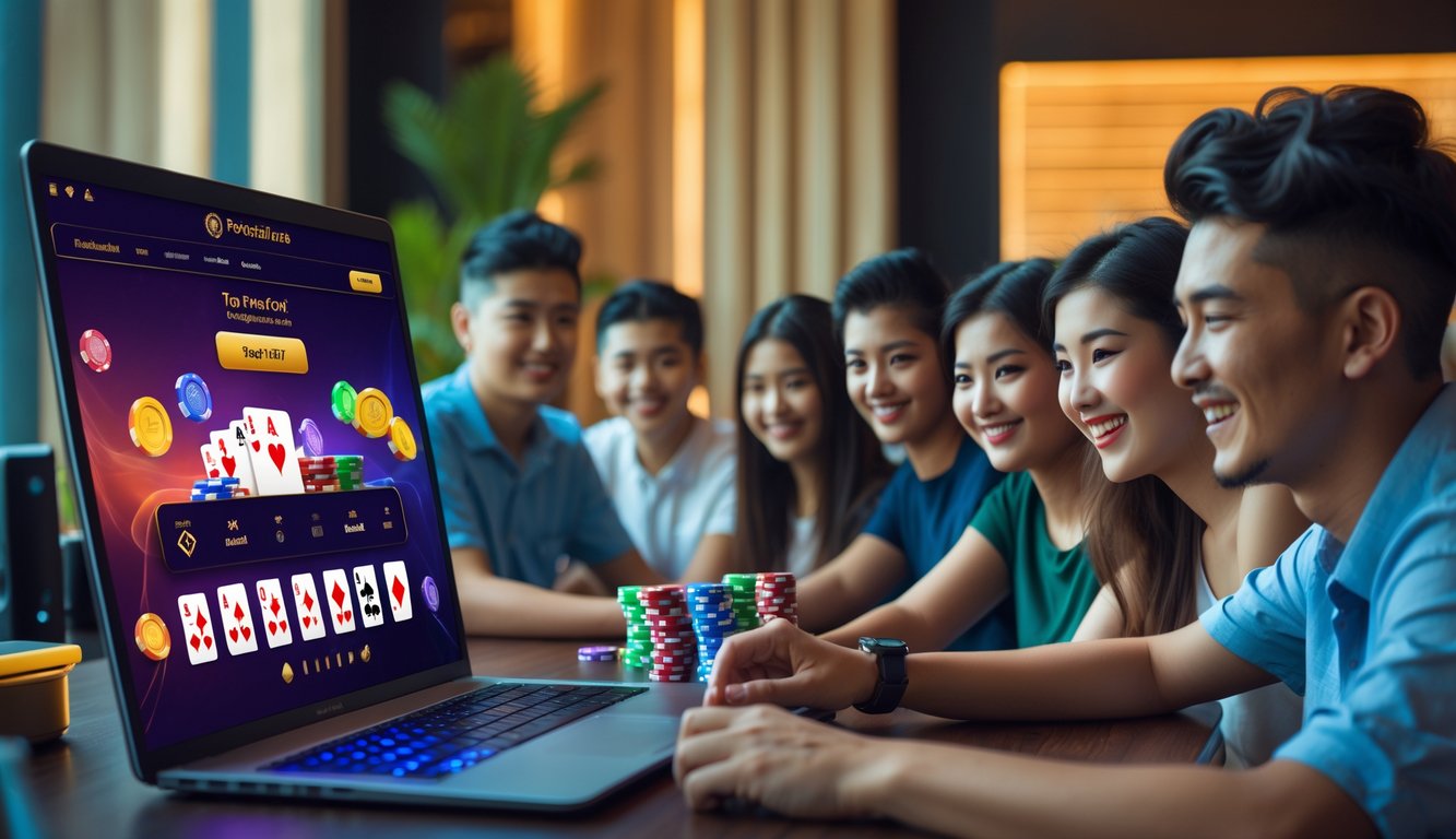 Sejumlah orang muda bermain poker online di komputer dengan suasana ruangan yang nyaman dan terang.
