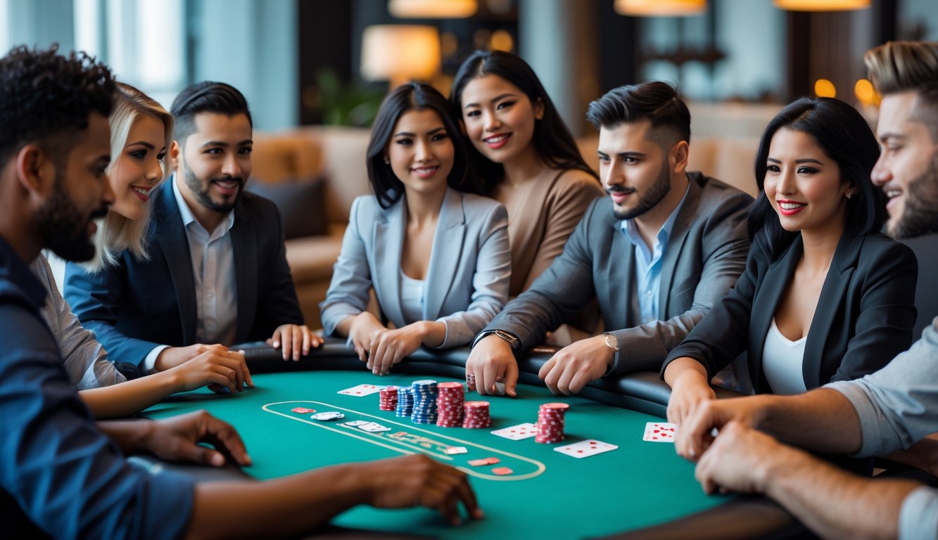 Sekelompok orang bermain poker di meja dengan chip dan kartu, terlihat fokus dan serius dalam suasana ruangan yang nyaman.