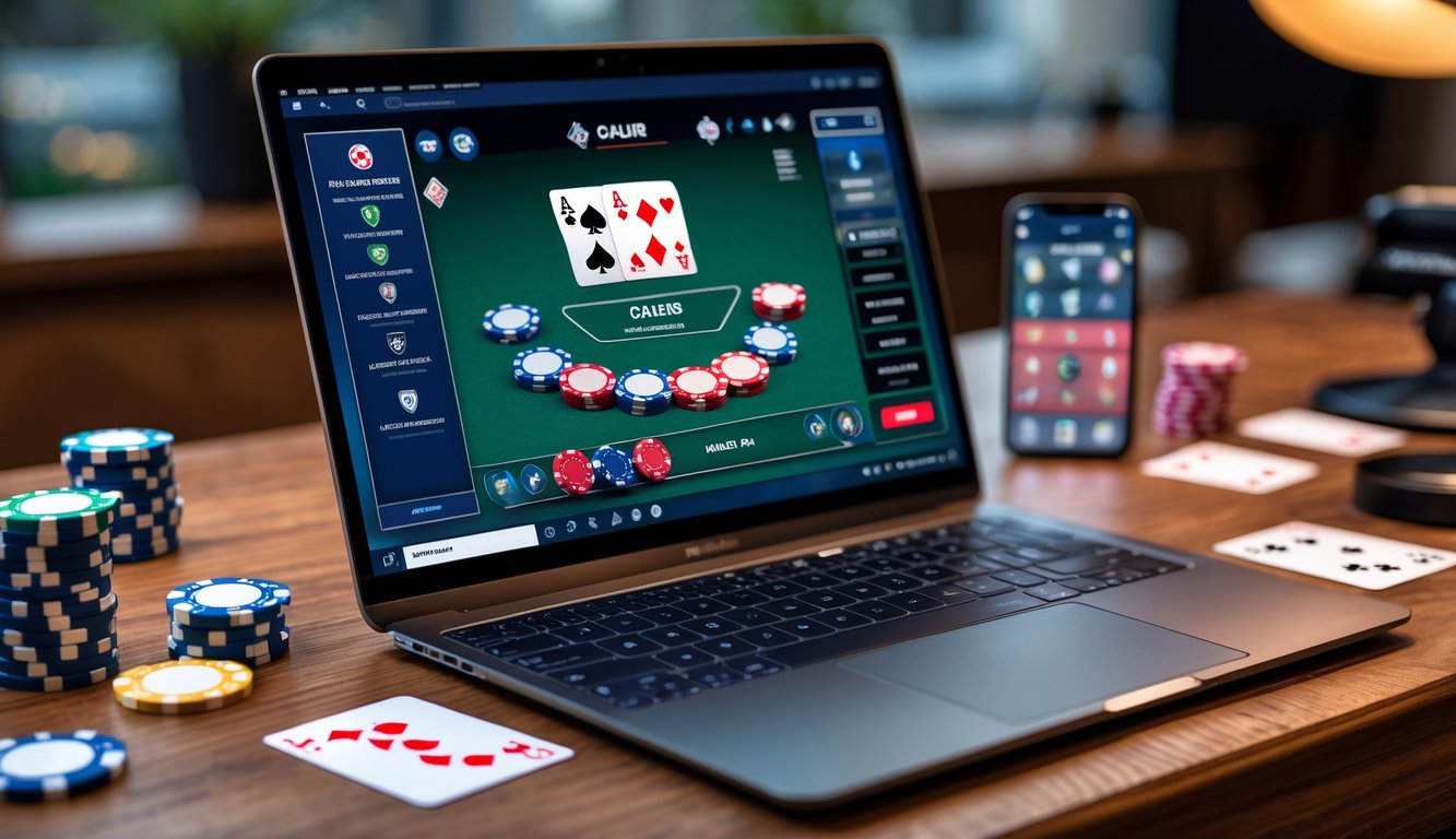 Seorang pemain poker online menggunakan laptop dengan chip poker dan kartu di meja kayu.