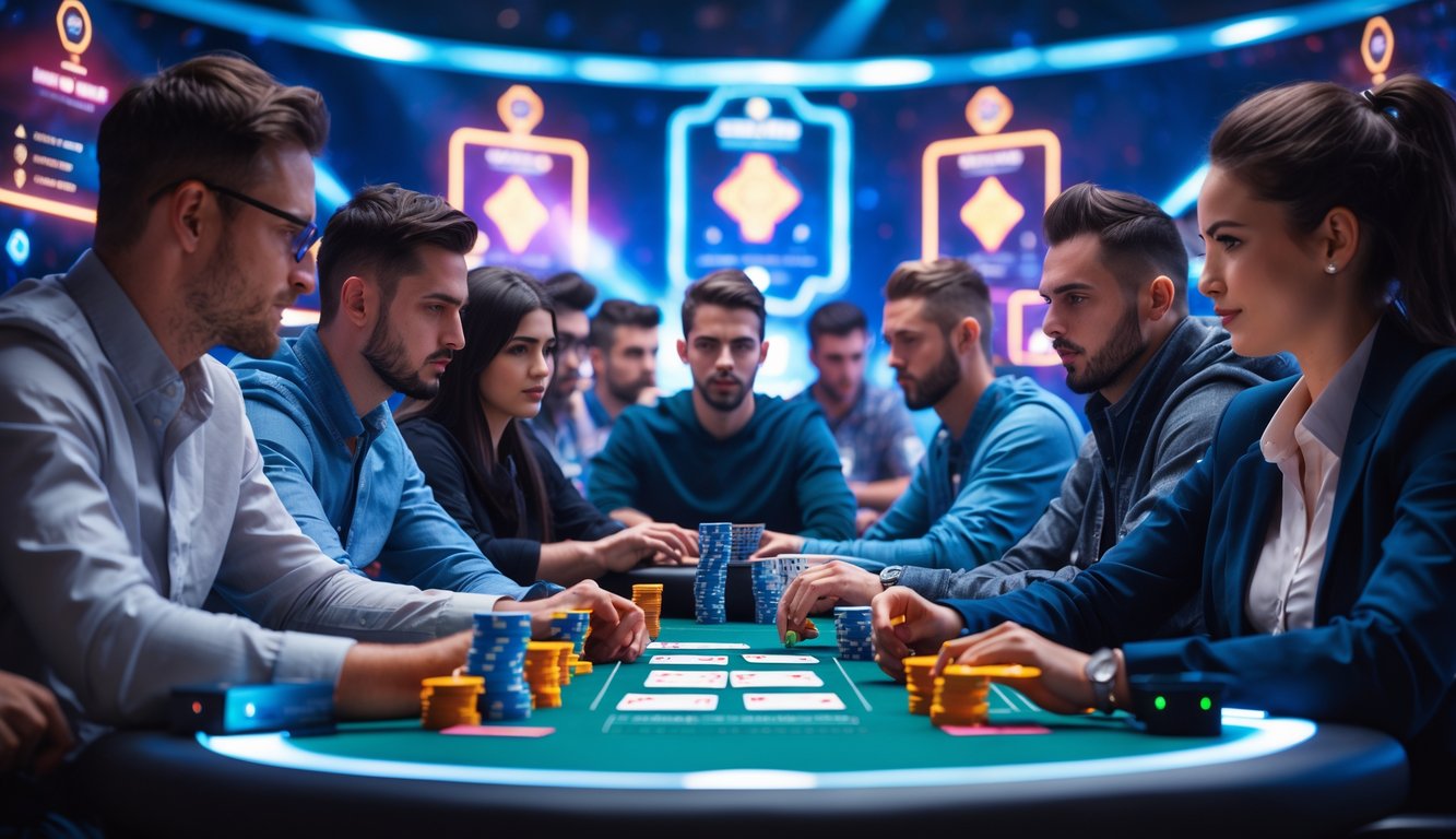 Beberapa pemain fokus bermain poker online di meja dengan layar komputer dan tablet, menunjukkan suasana turnamen yang kompetitif.