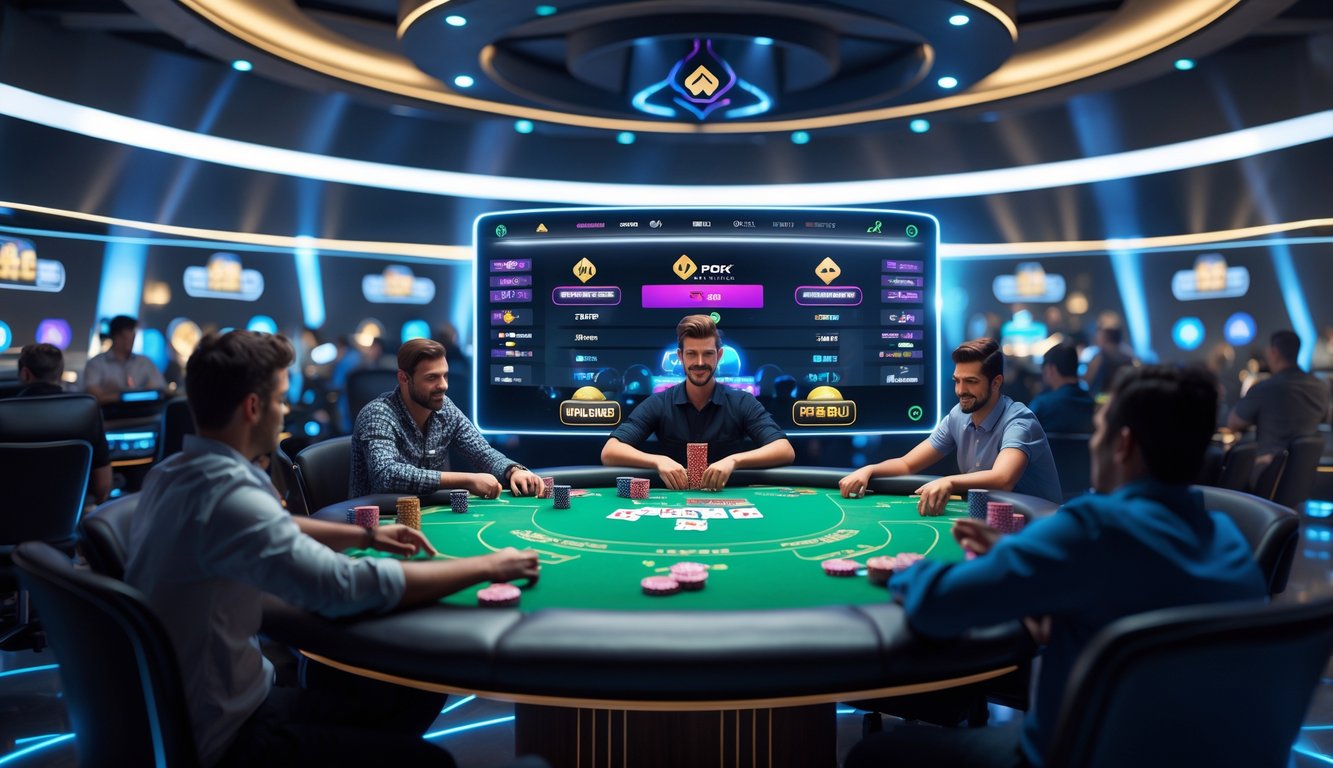 Adegan permainan poker online dengan meja poker virtual, kartu, dan chip, menunjukkan suasana kompetitif dan banyak pemain.