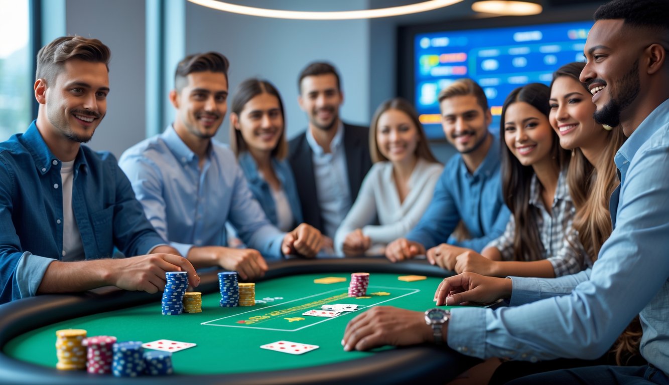 Orang-orang muda bermain poker online di depan komputer dengan suasana yang ramah dan profesional.