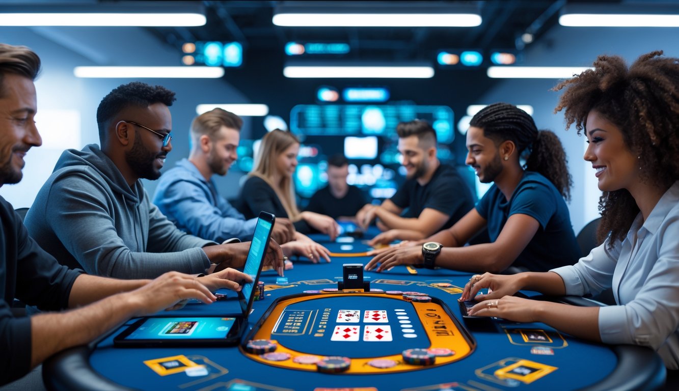 Orang-orang bermain poker online menggunakan berbagai perangkat digital dalam suasana modern dan futuristik.