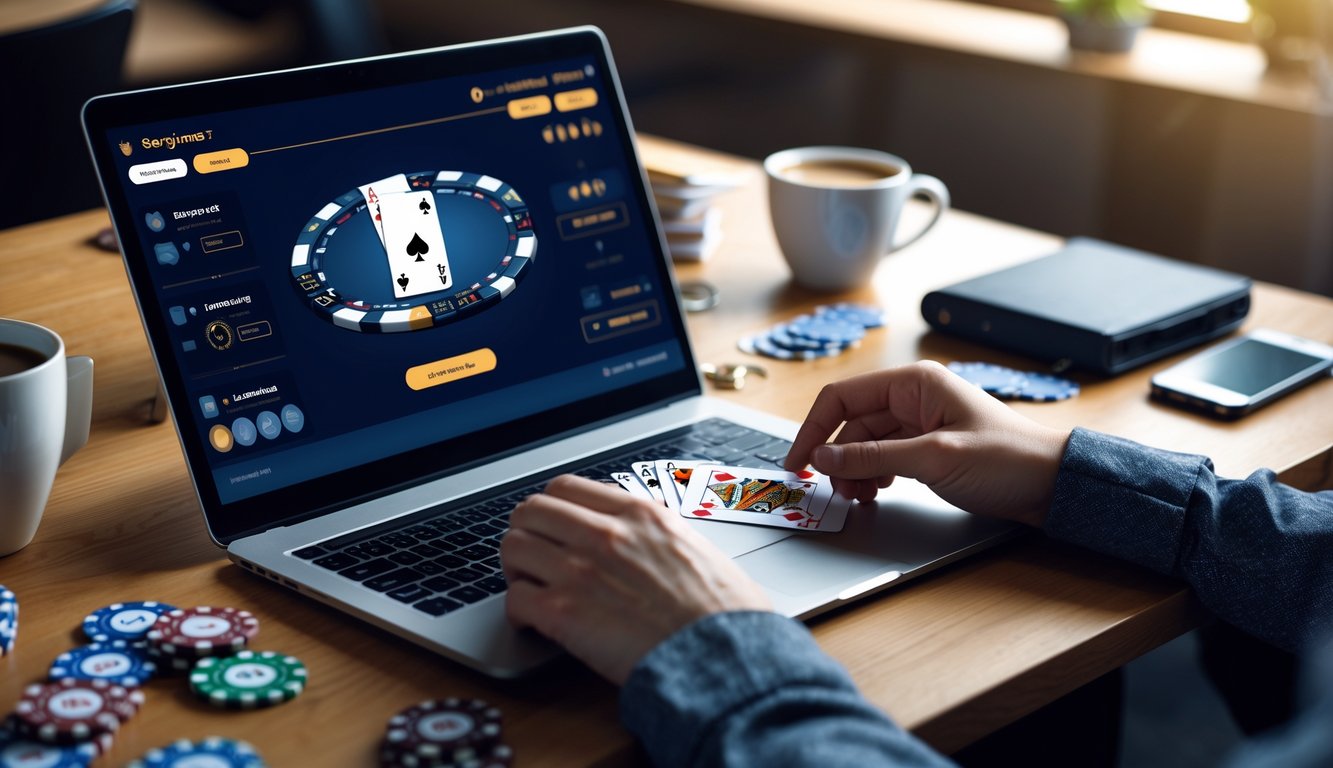 Seorang pemain poker online sedang memegang kartu dan chip di depan laptop dengan suasana belajar dan fokus.