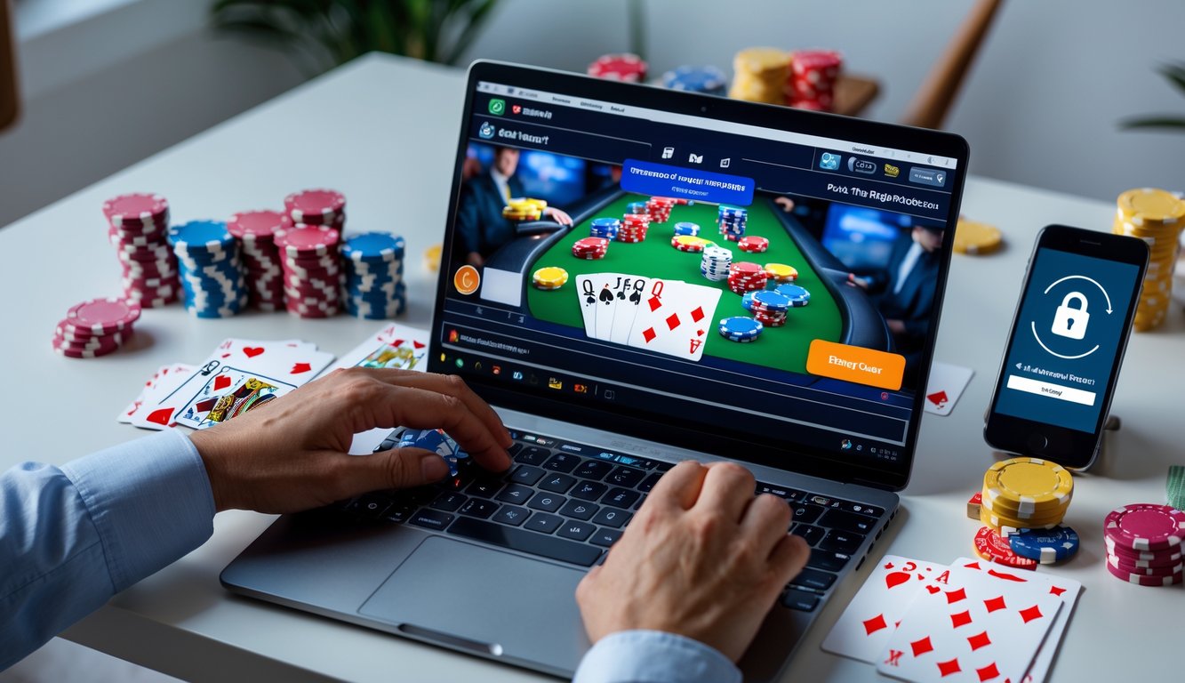 Seorang pria menggunakan laptop dengan permainan poker online di layar, dikelilingi oleh chip poker dan kartu, serta ponsel yang menampilkan konfirmasi deposit aman.