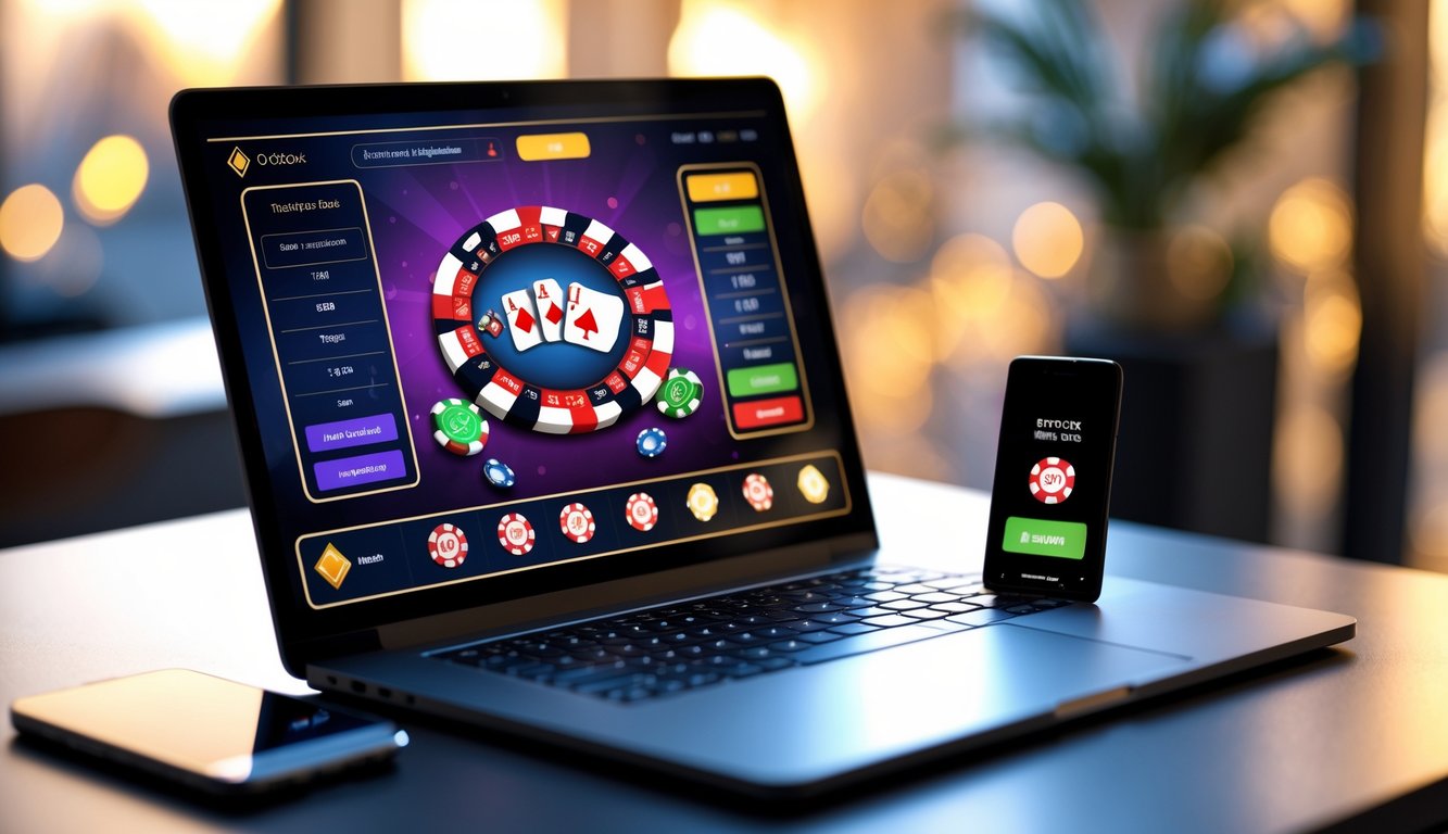 Seorang pengguna sedang bermain poker online di laptop dengan kartu dan chip di layar, di meja terdapat ponsel yang menunjukkan aplikasi pembayaran.