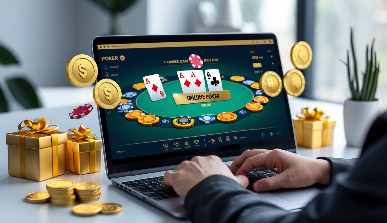 Seseorang menggunakan komputer dengan tampilan permainan poker online dan chip di meja, menggambarkan pengalaman bermain poker online yang aman dan menarik.