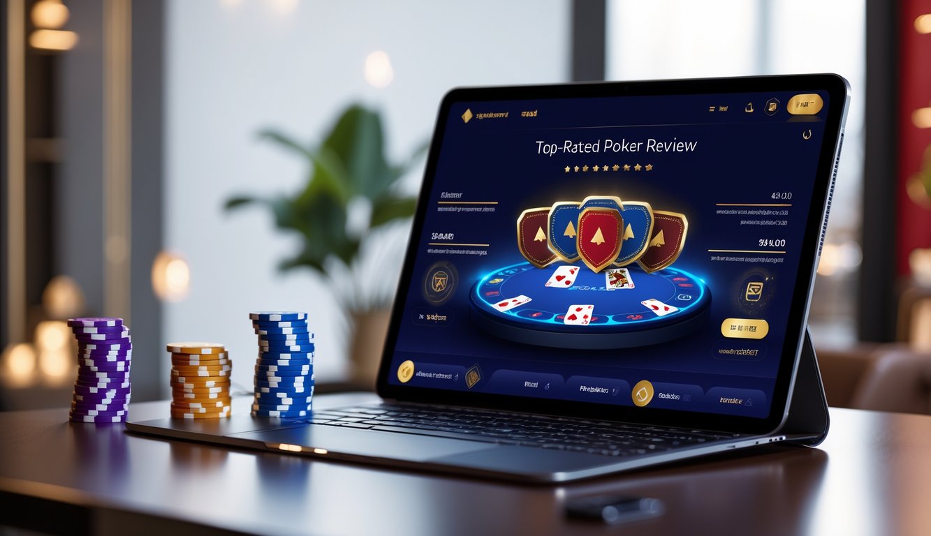 Sebuah meja poker digital modern dengan kartu dan chip poker di layar komputer, menampilkan suasana profesional dan aman untuk permainan poker online.