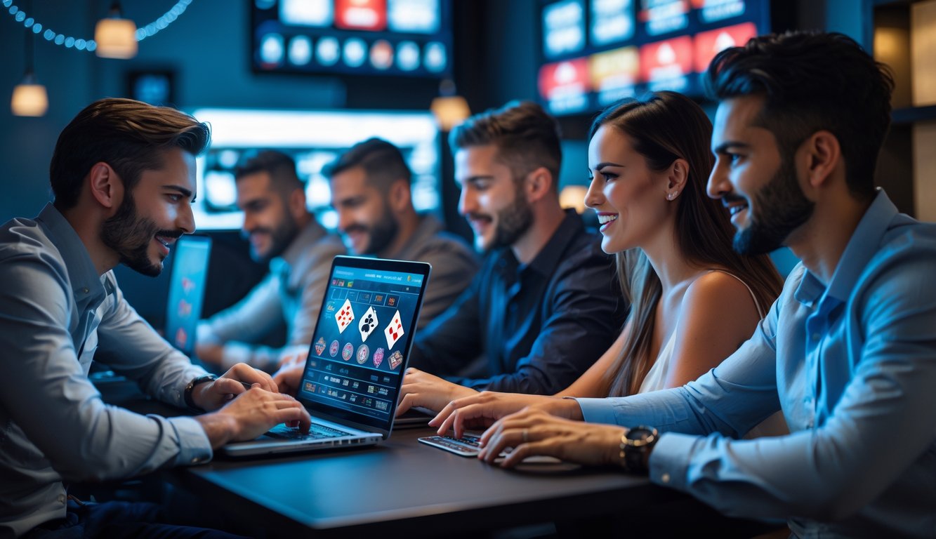 Sejumlah orang bermain poker online dengan perangkat digital di lingkungan modern, fokus pada permainan dan suasana turnamen.