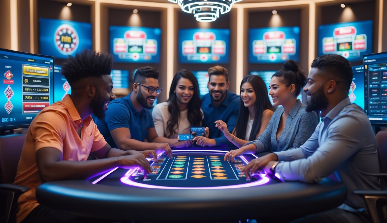 Sekelompok orang bermain poker online di meja digital dengan perangkat komputer dan ponsel, menunjukkan suasana turnamen dan jackpot besar.