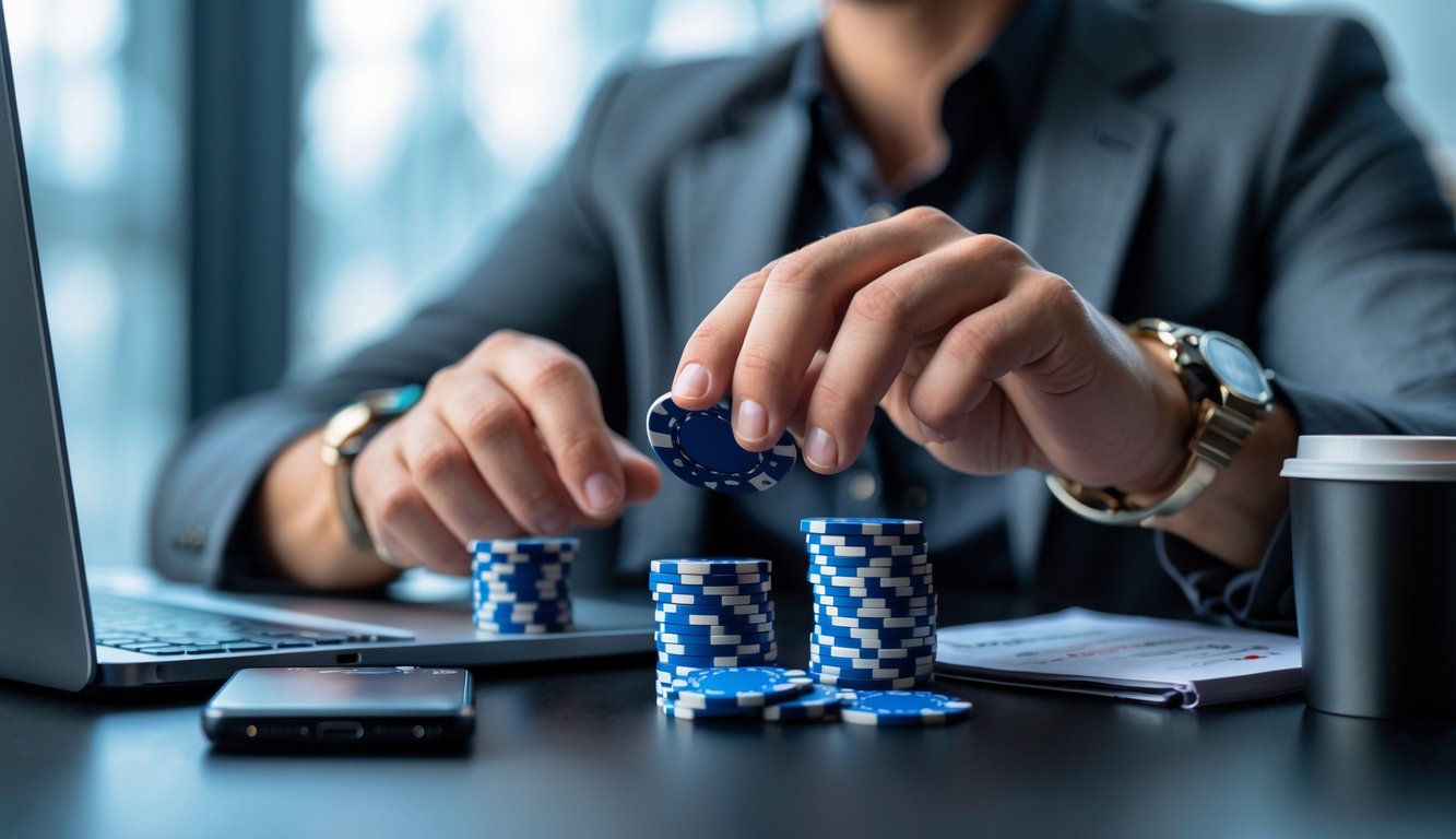Seorang pemain poker online sedang bermain dengan fokus di depan laptop, dengan chip dan kartu di tangan.