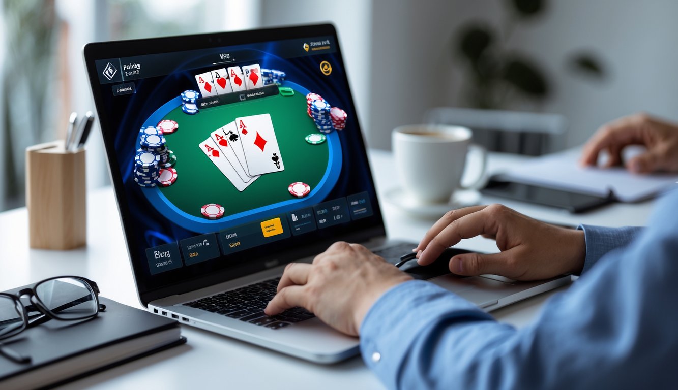 Seorang pemain poker online sedang fokus bermain di depan komputer dengan kartu dan chip poker terlihat di layar.