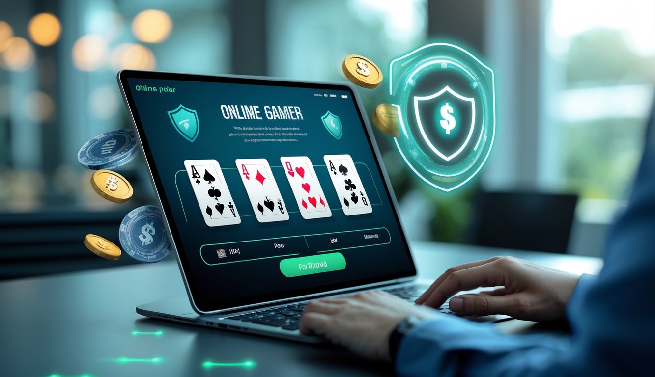 Seseorang menggunakan laptop di meja kerja dengan tampilan permainan poker online yang menampilkan kartu dan chip poker.