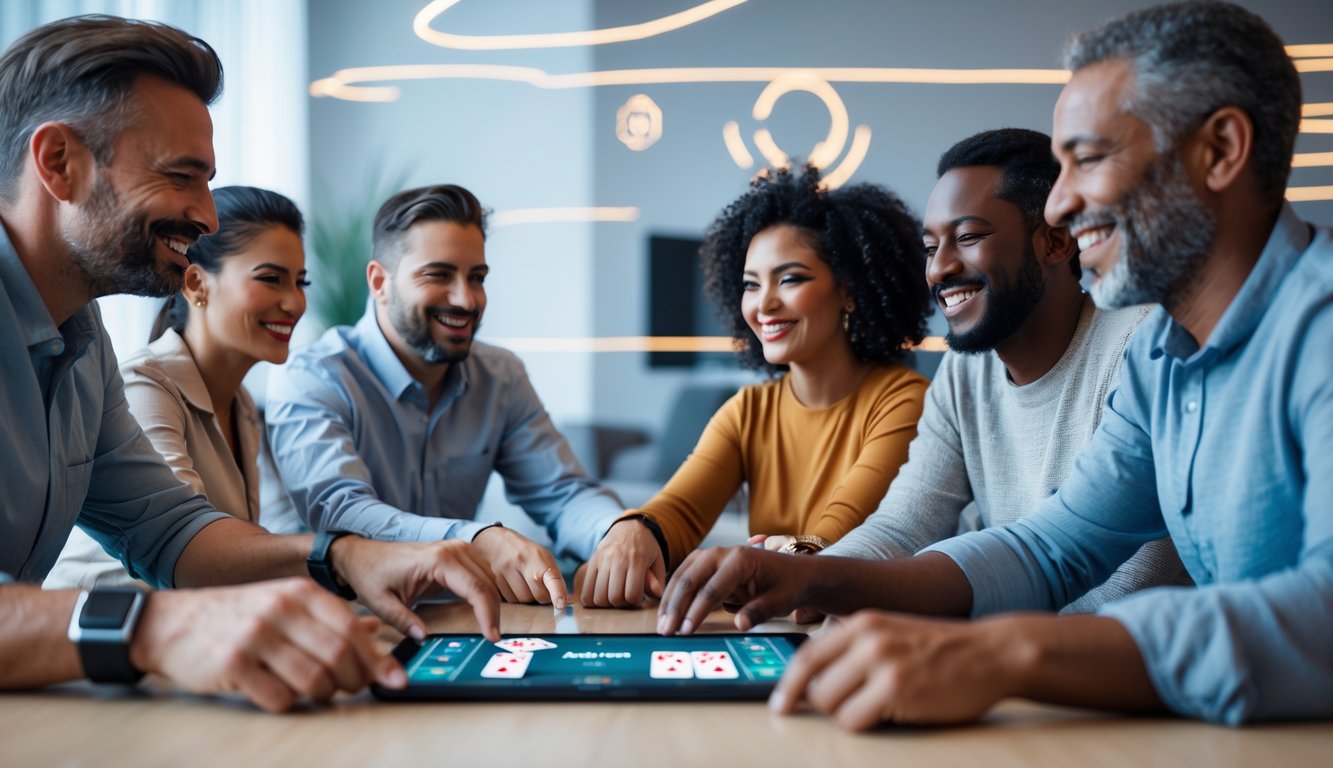 Sekelompok orang bermain poker online bersama di ruangan modern dengan laptop yang menampilkan permainan poker.