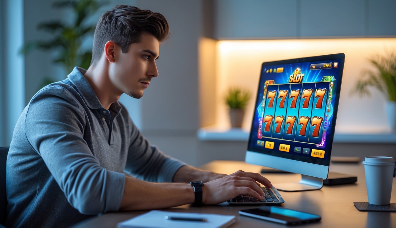 Seorang pria muda duduk di depan laptop, fokus bermain permainan slot online di ruang kerja yang rapi.