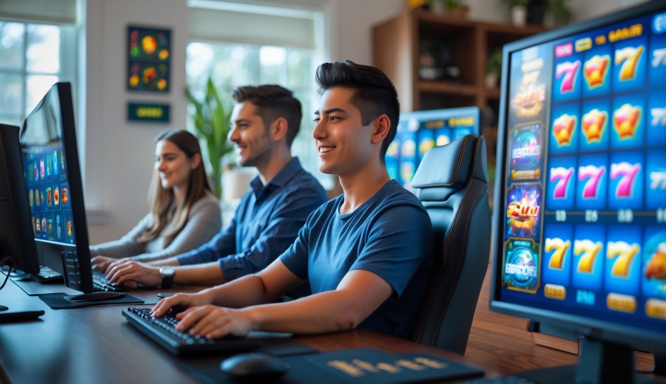 Seorang pria dan wanita muda duduk di depan komputer dengan layar menampilkan permainan slot online, terlihat fokus dan bersemangat di sebuah ruang kerja yang nyaman.
