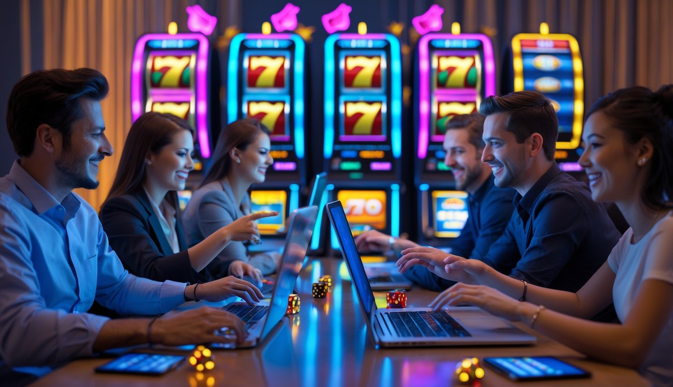 Orang-orang sedang bermain mesin slot online dengan perangkat digital di lingkungan bermain yang modern dan terang.