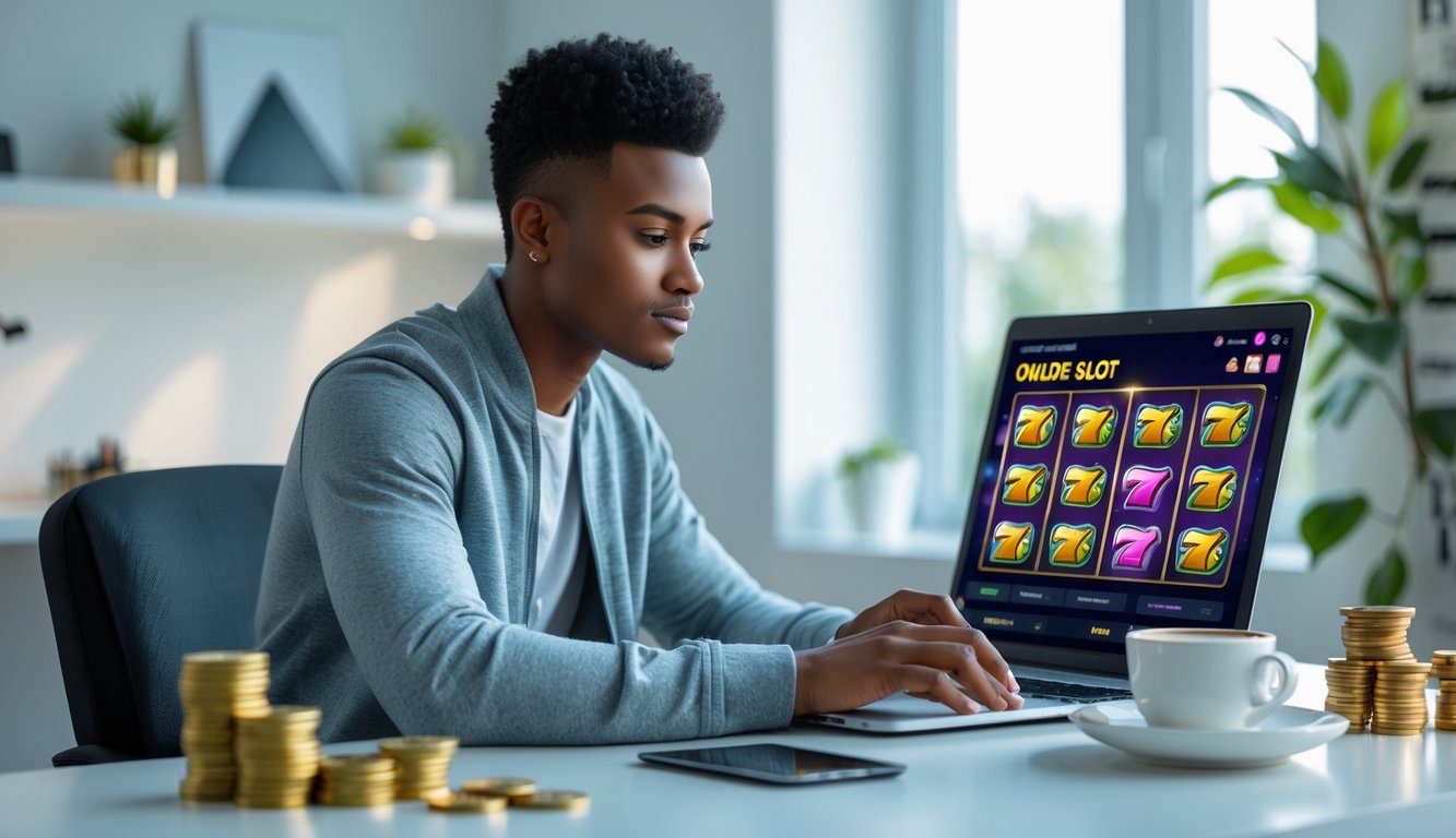 Seorang dewasa muda duduk di meja modern dengan laptop yang menampilkan permainan slot online, dikelilingi oleh tumpukan koin kecil dan suasana kerja yang rapi.
