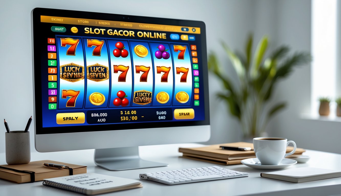 Seseorang sedang bermain slot online di laptop dengan layar menampilkan permainan slot berwarna cerah dan simbol keberuntungan, di meja terdapat buku catatan dan cangkir kopi.