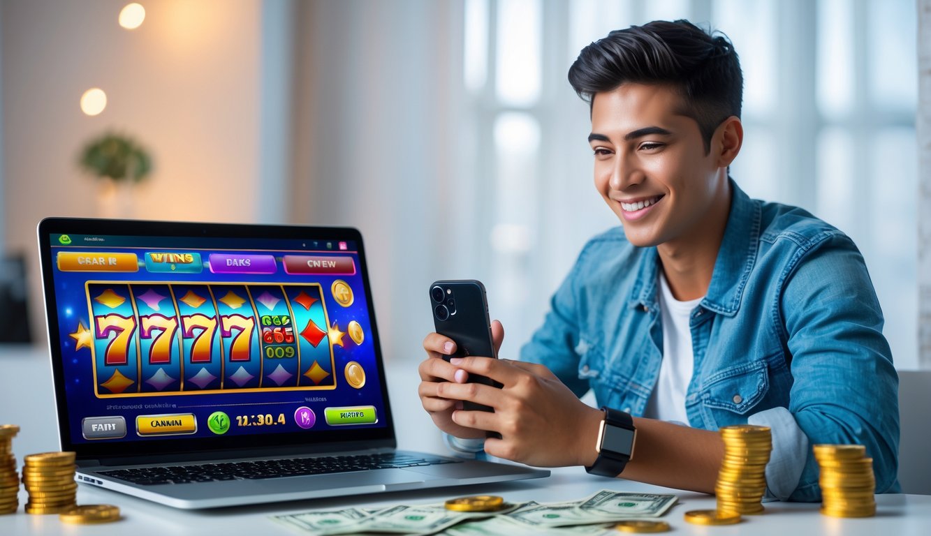 Seorang pemain muda tersenyum sambil menggunakan laptop dan ponsel untuk bermain slot online dengan latar belakang chip kasino dan koin.