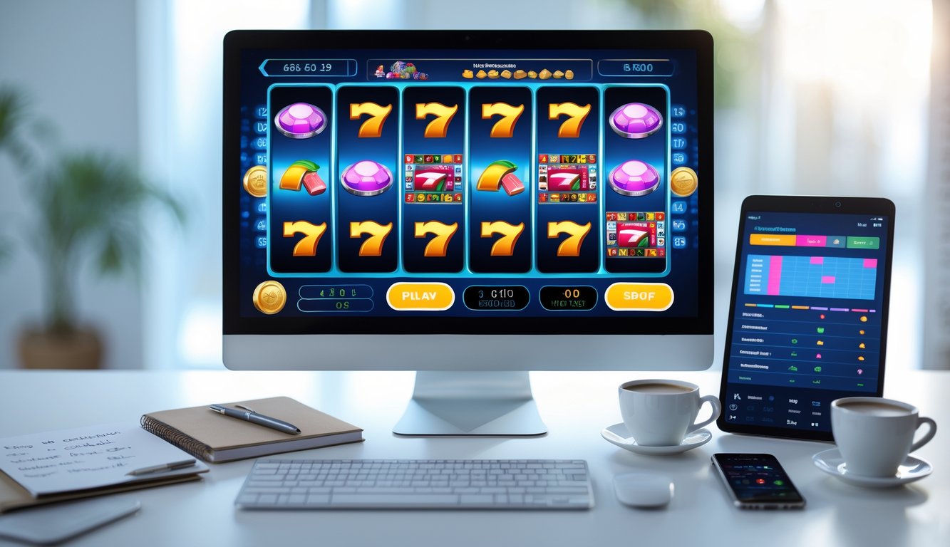 Seorang pengguna komputer dengan layar menampilkan permainan slot online berwarna-warni di meja kerja yang rapi dengan catatan dan ponsel di sampingnya.