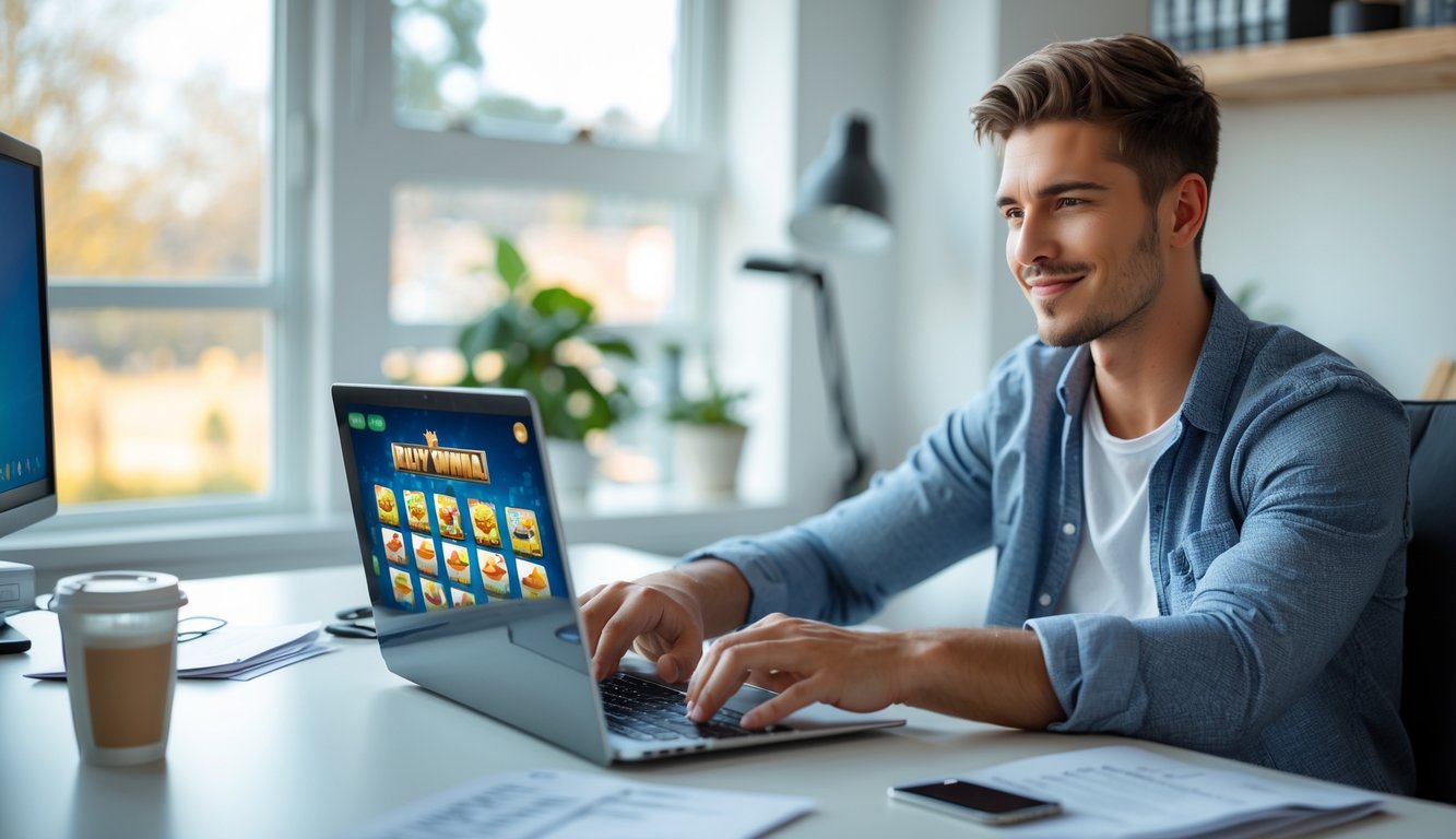 Seorang pria muda duduk di meja modern sambil bermain permainan slot online di laptop dengan ekspresi percaya diri dan santai.